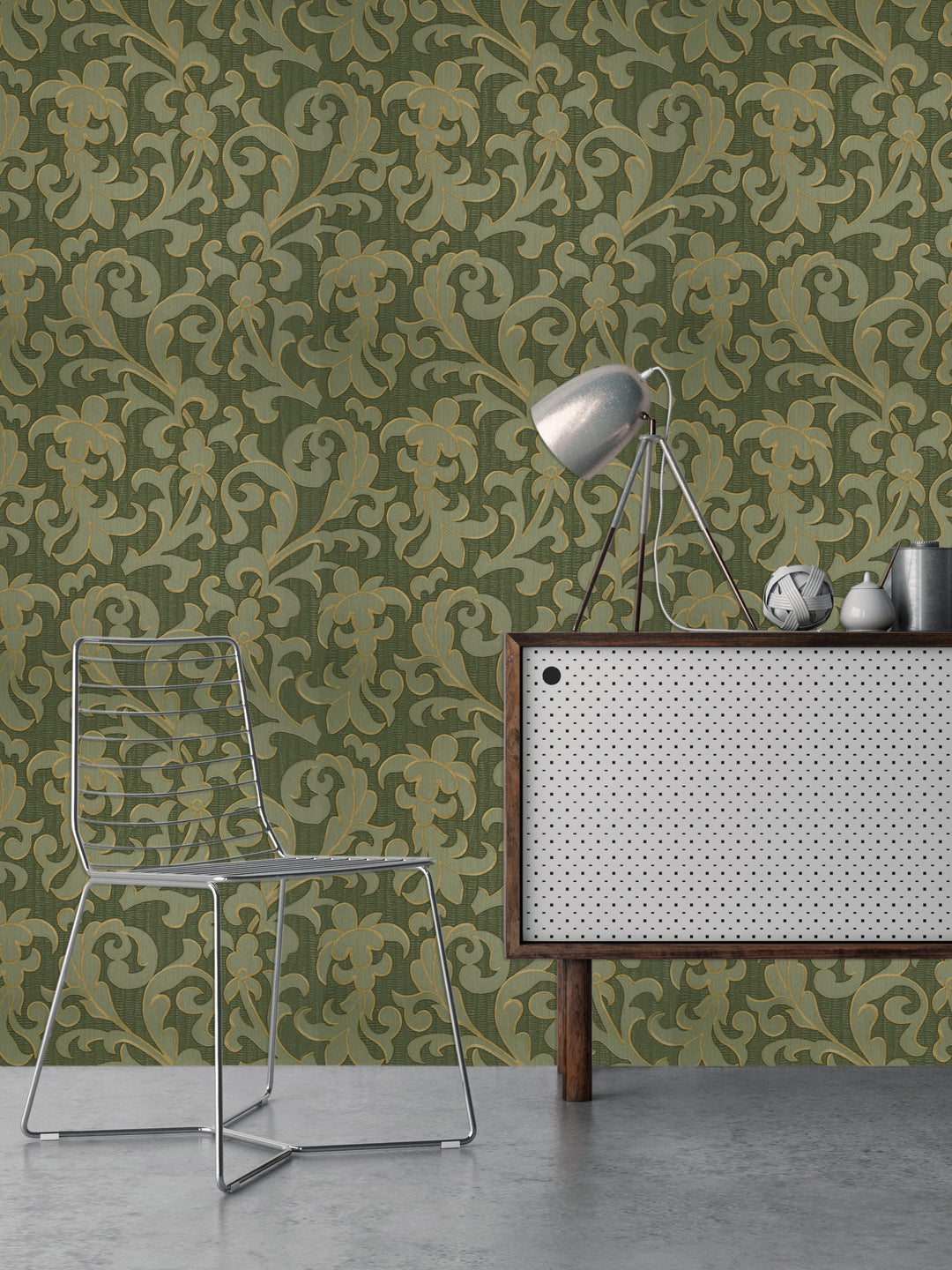 Olive Gold Scroll Wallpaper