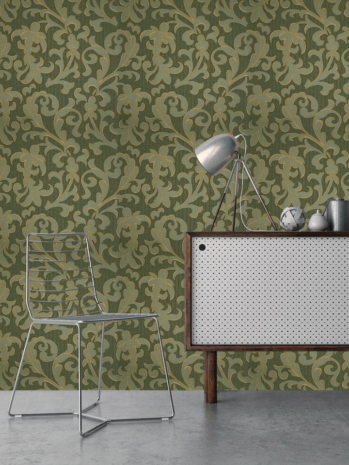 Olive Gold Scroll Wallpaper
