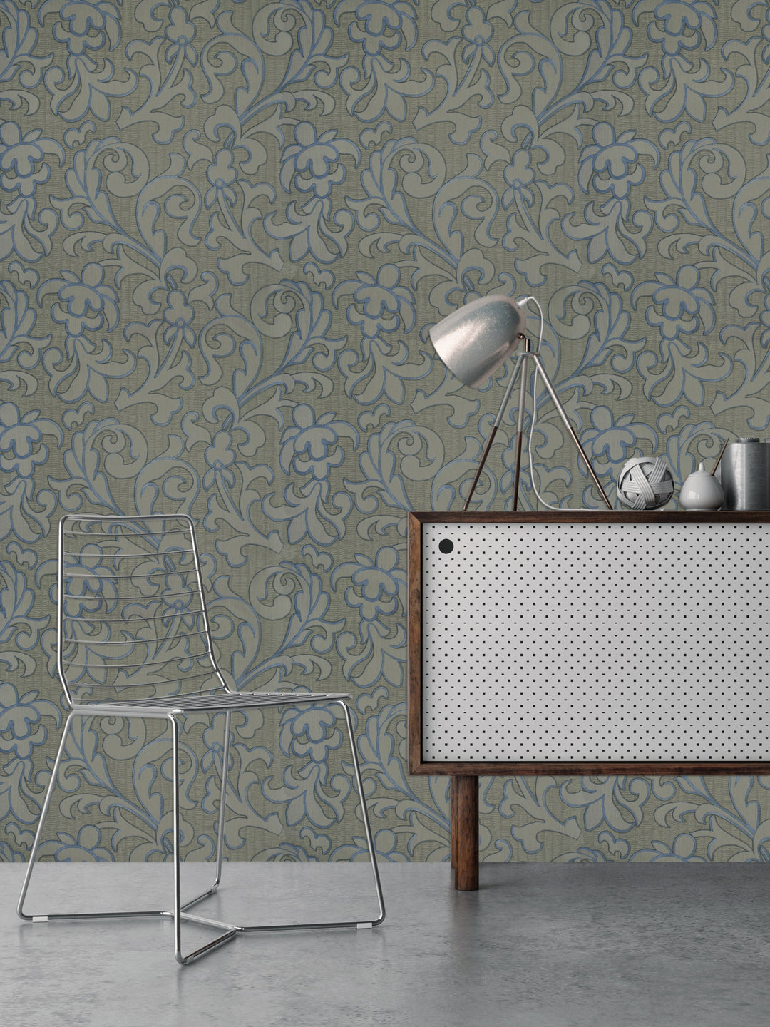 Grey Blue Scroll Wallpaper