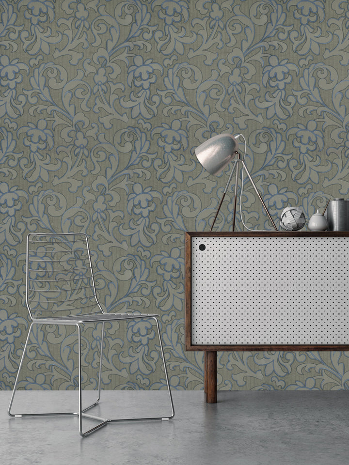 Grey Blue Scroll Wallpaper