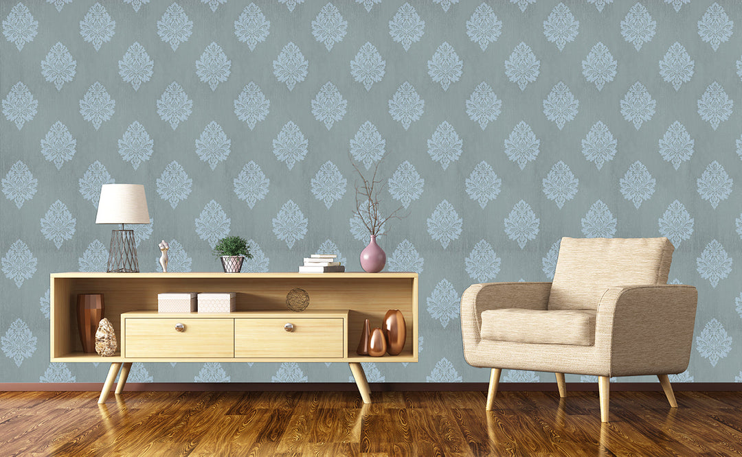 Dusty Blue Damask Wallpaper