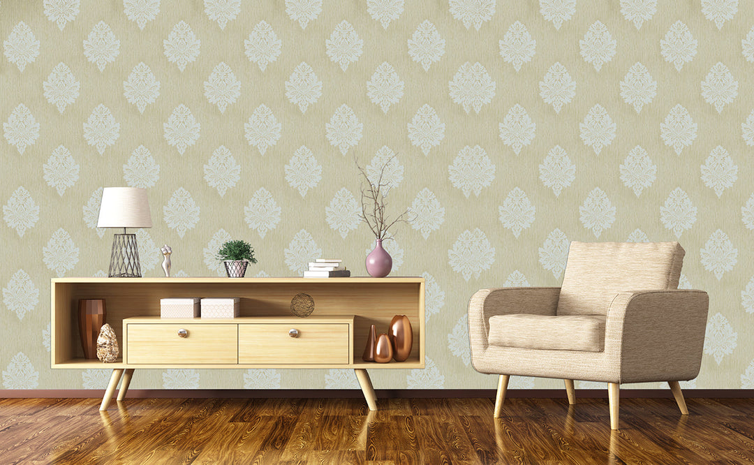 Beige Blue Damask Wallpaper