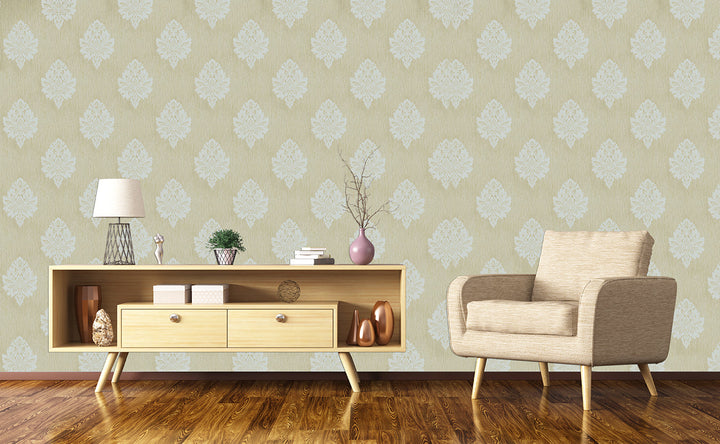 Beige Blue Damask Wallpaper