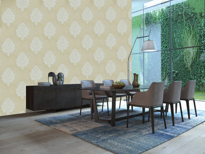 Beige Blue Damask Wallpaper