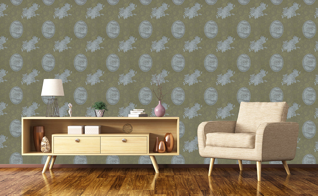 Queen Anne B Olive Vintage Wallpaper Sk2849