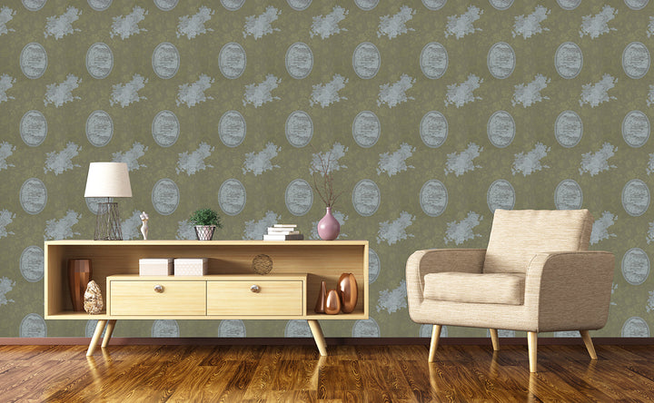 Queen Anne B Olive Vintage Wallpaper Sk2849