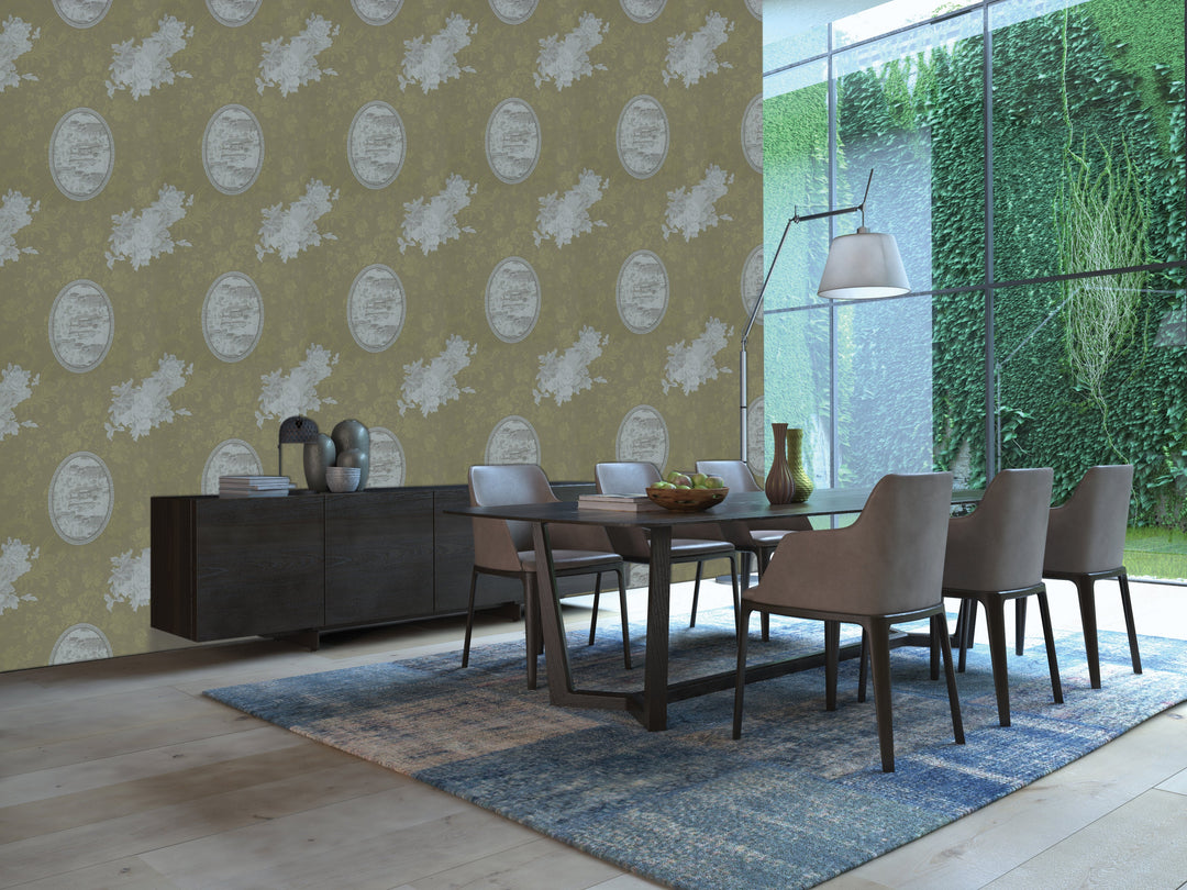Queen Anne B Olive Vintage Wallpaper Sk2849