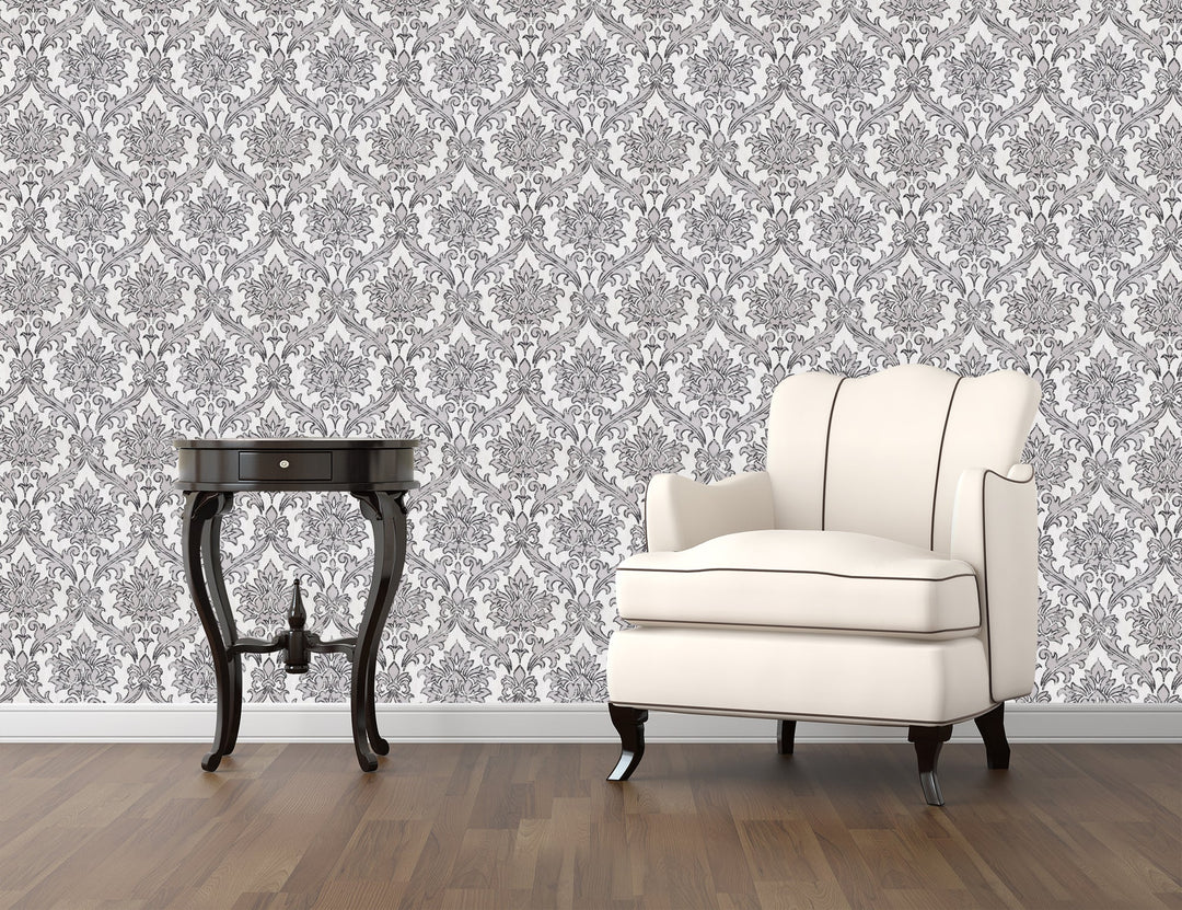 Sutton Grey Damask Wallpaper Skl39332