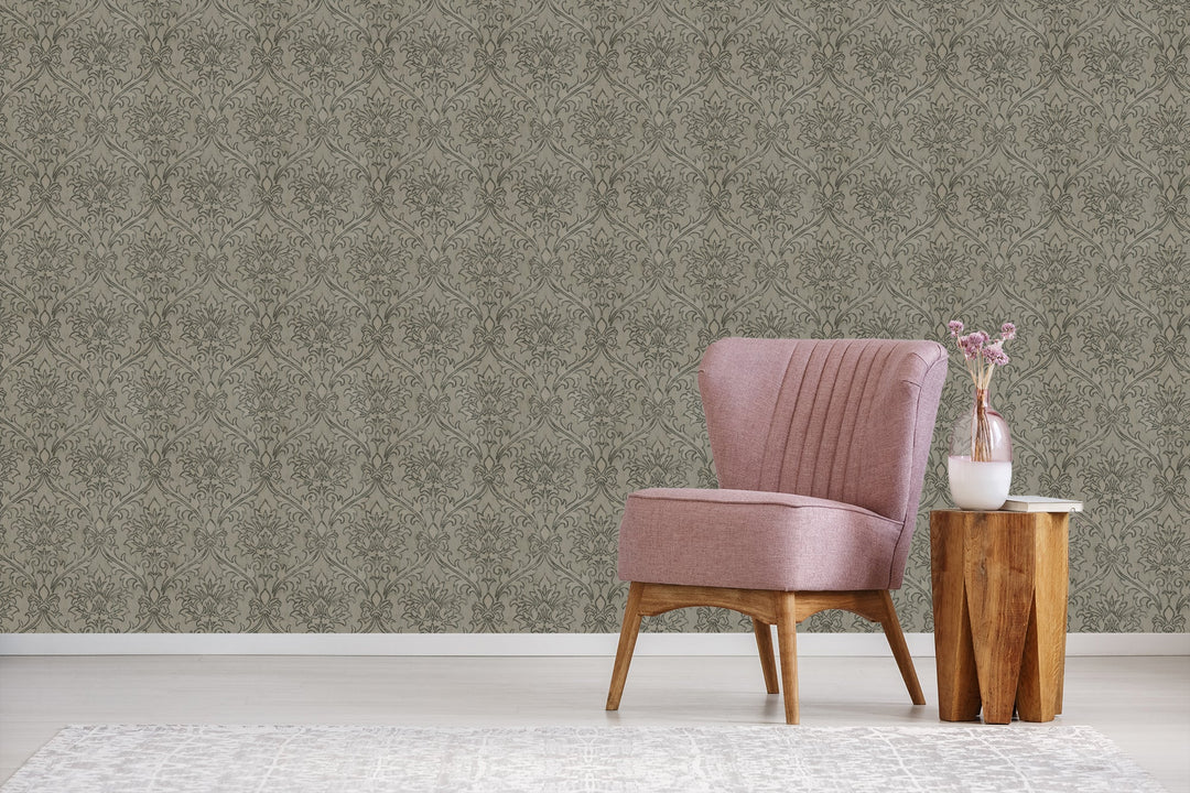 Sutton Taupe Damask Wallpaper Skl39334