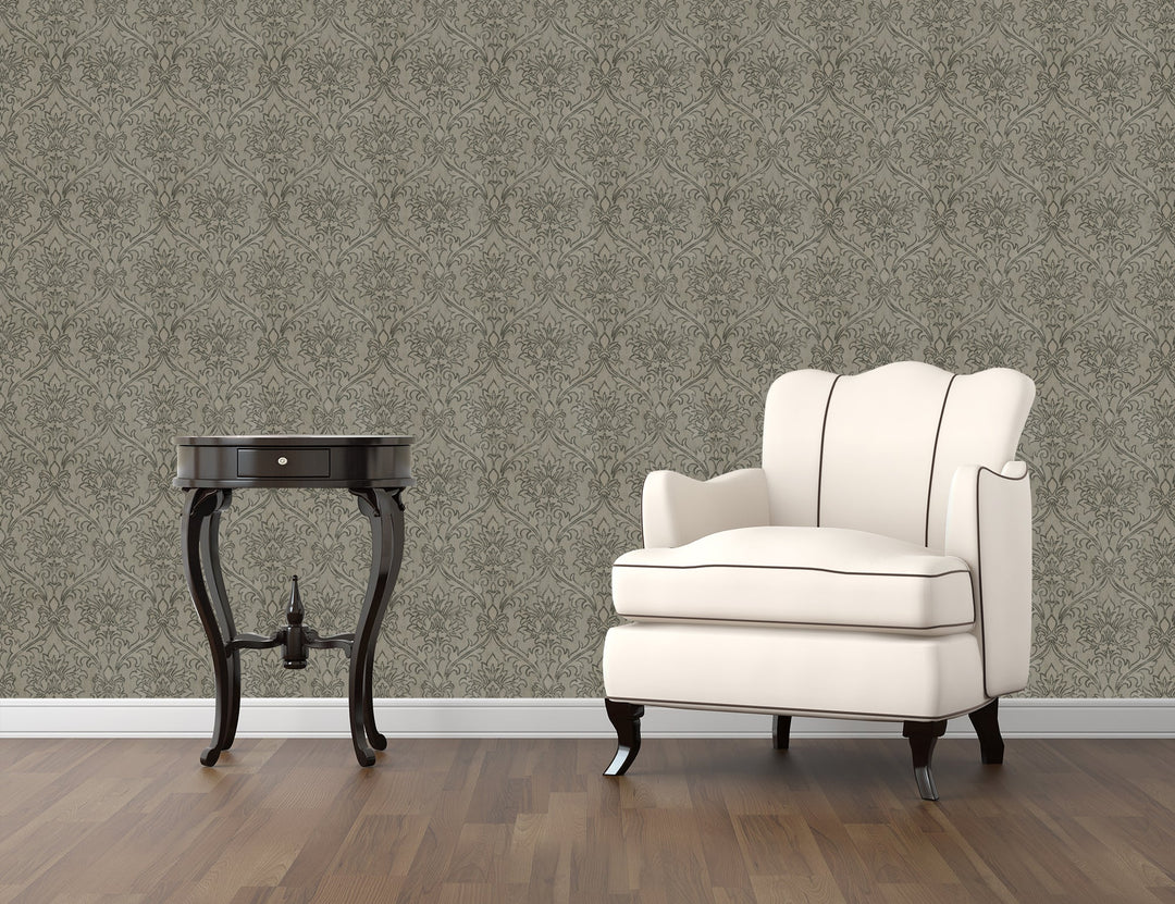 Sutton Taupe Damask Wallpaper Skl39334